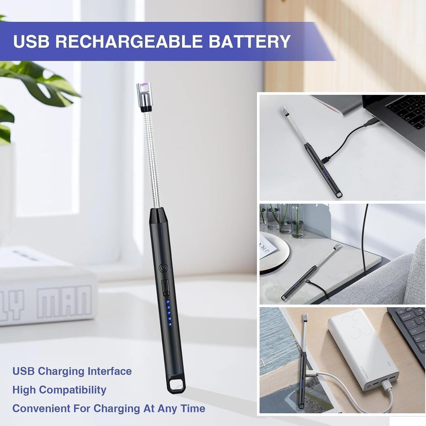 Gas Lighter for Kitchen Use | C-Type Rechargeable Electric Lighter Stove & Candle Lighter with USB Charging Port